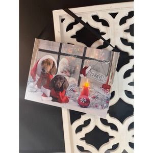 Lighted Dachshund Santa Hat Holiday Scene Canvas Wall Hanging Tested‎ & Works